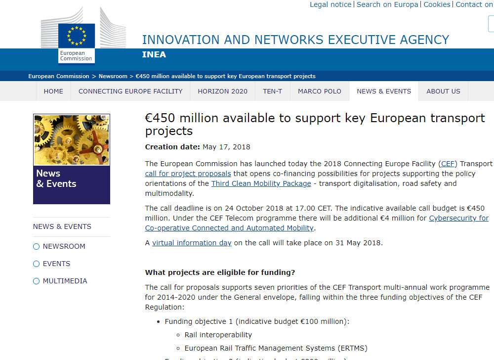European Commission has launched a call for project proposals: €450 million available to support key European transport projects